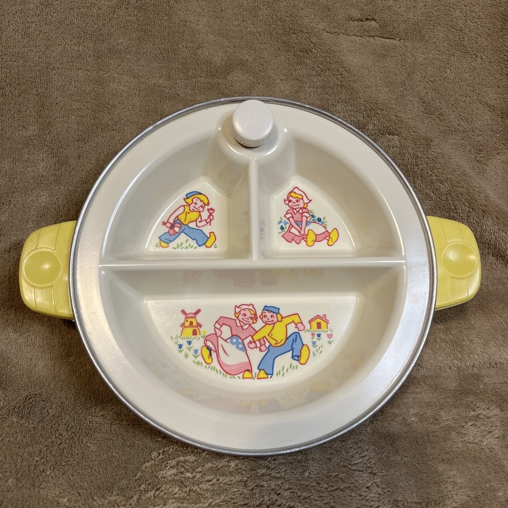 Vintage Excello 50s-60s Dutch Children Divided Warming Dish Plate Orig Cork USA